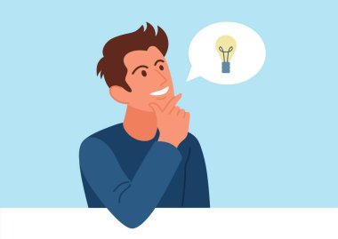 Mutlu yakışıklı adamın yaratıcı bir fikri var. Genç insan sorunun cevabını buldu. Düz biçimli vektör illüstrasyonu.