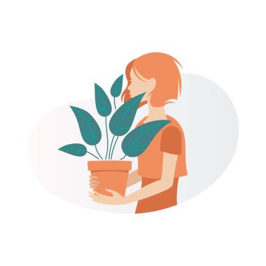 Güzel Vektör İllüstrasyonu. Ellerinde Bitki Olan Genç Kadın.