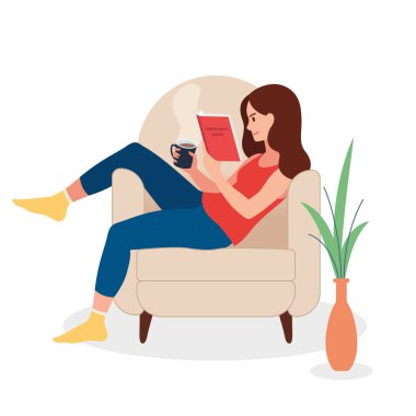 Kitap okuyan güzel bir kadın. Genç kız sınava hazırlanıyor ve çalışıyor. Evde bir fincan çayla koltukta dinlenmek. Çizgi film tarzında düz vektör illüstrasyonu.
