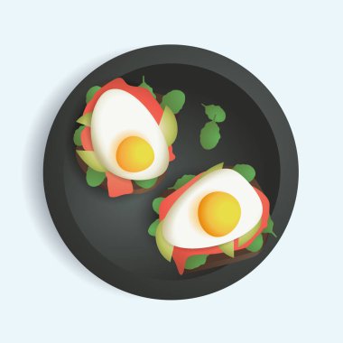 Kırmızı balıklı ve sahanda yumurtalı tost. Sabah yemekleri. İzole edilmiş vektör üst görünümü resimlemesi.