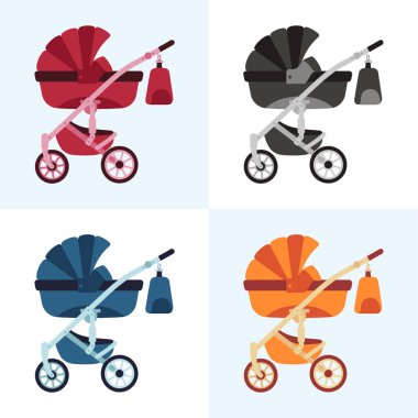 Renkli boş bebek arabaları. Bebek arabası simgeleri. Düz vektör çizimleri.