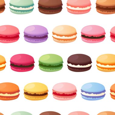 Renkli badem kurabiyeleri kusursuz desen. Beyaz arka planda izole edilmiş tatlı Fransız kurabiyeleri. Düz biçimli vektör illüstrasyonu.