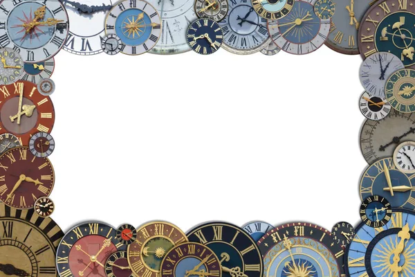 Cadre Une Collection Horloges Multicolores Anciennes Tour Église Dans Différentes — Photo