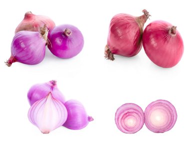 Beyaz arkaplanda kırmızı soğan izole edildi