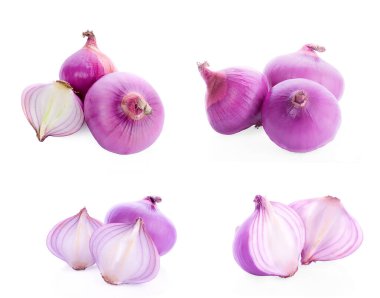 Beyaz arkaplanda kırmızı soğan izole edildi