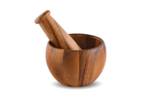 Handmade wooden mortar isolated on white background