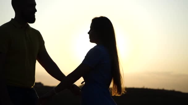 Närbild av skäggig kille och söt flicka som går iväg håller varandra i fält kväll bakgrund av solnedgången i slow motion. Älskade par med passionerade känslor njuta av romantisk dejt i naturen. — Stockvideo