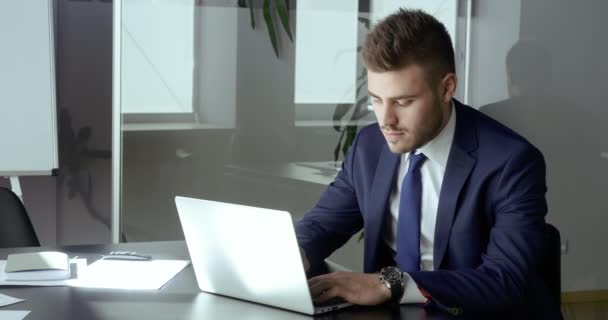 Portrét seriózního obchodníka psaní na notebooku e-mailové rozhovory s klienty, kolegové sedí v kancelářském stole, zaměstnanec manažer používá počítač pro komunikaci, marketer v moderní firemní práci on-line — Stock video