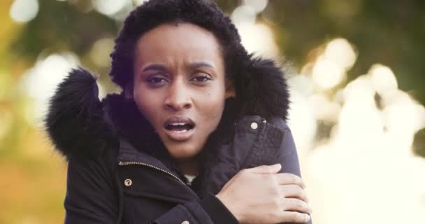 Портрет замерзшей африканской американки молодая женщина носит теплый пиджак стоит в одиночестве на открытом воздухе осенью чувствует себя холодно страдает от неудобной низкой температуры, пытаясь согреться с скрещенными руками — стоковое видео