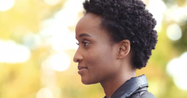 Portrait latéral d'une jeune femme afro-américaine aux cheveux courts, une femme ethnique debout seule à l'extérieur de profil tourne la tête vers une caméra montrant un signe de la main comme un geste met le pouce en l'air le symbole d'approbation du consentement — Video