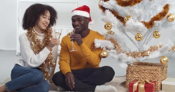 La donna riccia e l'uomo afro-americano celebrano insieme le vacanze seduti vicino all'albero di Natale in camera con decorazioni a casa bevendo champagne bicchieri di clinking si congratulano felice anno nuovo — Video Stock