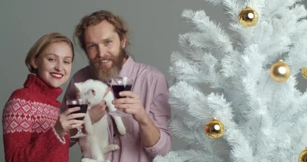 Ano Novo família retrato com pé gato branco na frente da câmera perto da árvore de Natal segurar óculos com vinho vermelho mulled nas mãos dizer desejos parabenizar feliz ano novo sentir felicidade sorriso close-up — Vídeo de Stock