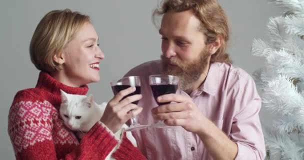 Retrato da família caucasiana de jovem casal com gato branco de estimação segurando copos de vinho em mãos bebendo álcool falando com câmera parabenizando a felicidade do desejo do ano novo perto da árvore de Natal — Vídeo de Stock