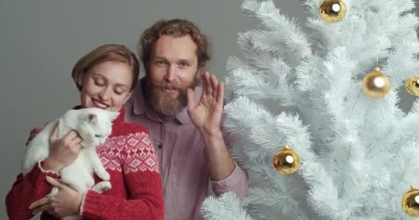 Retrato de una joven adorable mujer y feliz hombre barbudo sonriente parado junto al árbol de Navidad en casa usando suéter jugando sosteniendo gato blanco linda mascota mirando la cámara saludando de cerca — Vídeo de stock