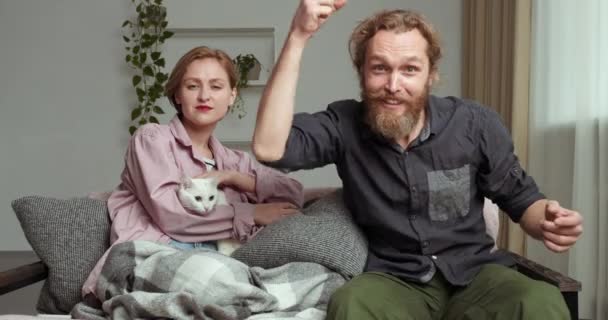 Ηρεμία χαμογελαστή γυναίκα κρατώντας χαριτωμένο λευκή γάτα στην αγκαλιά της κάθεται στον καναπέ με τον σύζυγο του γενειοφόρου άνδρα ουρλιάζοντας βλέποντας τηλεόραση ποδόσφαιρο αγώνα πυγμαχίας τύπος ζητωκραυγάζει για την ομάδα χαίρεται να κερδίσει — Αρχείο Βίντεο