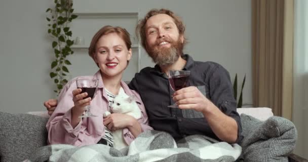 Webcam vedere Caucazian familie ședință pe canapea la domiciliu sub pătură îmbrățișare pisica sărbători sărbătoare Anul Nou Valentine zi bea vin roșu vorbind on-line video chat conferință felicitând prietenii — Videoclip de stoc