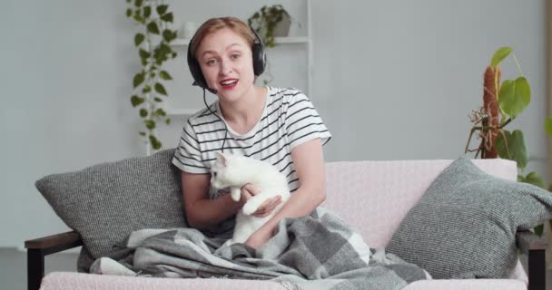 Webcam vue femme caucasienne dans les écouteurs dit câlin chat. Fille mentor professeur psychologue étudiant porte un micro-tête fait appel vidéo d'affaires assis à la maison sur le canapé avec animal de compagnie pendant la quarantaine — Video