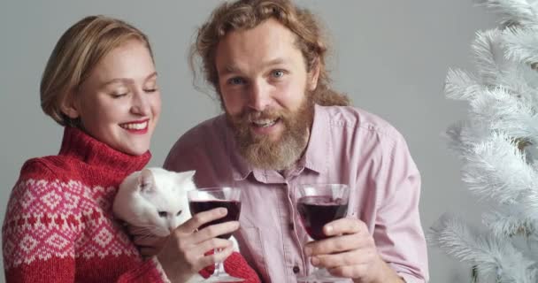 Porträtt av skäggig man kramar sin blonda fru med kort hår i röd tröja håller glas vin i händerna talar inför kameran gratulerar god jul distans kvinna håller vit katt i sina armar — Stockvideo