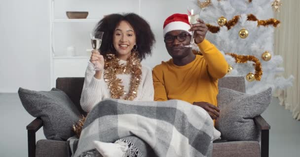 Афро-американская семейная пара, пьющая шампанское алкоголь, сидя дома на диване в гостиной возле рождественской елки звон стаканов сказать тост праздновать Новый год вместе чувствуют счастье — стоковое видео
