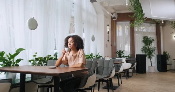 Długi strzał amerykański młoda piękna dziewczyna z kręconymi afro włosy czarna kobieta siedzi przy stole w drogich modnych luksusowych kawiarni restauracja napoje z białej filiżanki gorącej herbaty kawa wygląda przez okno rano relaks — Wideo stockowe