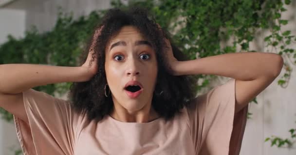 Portrait of young successful surprised afro american curly girl black woman feeling amazement wonder delight holding her head with her hands covering her mouth with her palms says wow, triumph victory — Stock video