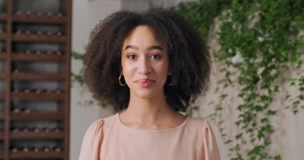 Junge afroamerikanische gemischte Rasse Frau Teenager Mädchen mit stilvollen Locken und perfektem Make-up lächelnd aufrichtig in die Kamera winkende Hand zur Begrüßung macht Hallo Geste aus der Ferne sprechen — Stockvideo