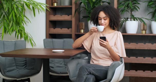 Visitante femenina afroamericana mixta chica freelancer sentado en la mesa de madera en el restaurante cafetería celebración de teléfono móvil mirando a la pantalla del teléfono inteligente charlando beber café capuchino té de la taza — Vídeos de Stock