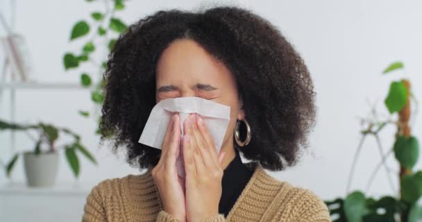 Портрет афро-американки девочки-подростка, страдающей аллергическими симптомами, вытирает нос салфеткой из белой бумаги с платком чувствует дискомфорт из-за пыли насморк респираторного вируса носа — стоковое видео