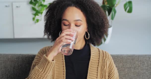 Mooie gezonde gemengde ras Afro-Amerikaanse vrouw meisje zitten op de bank thuis 's morgens wakker drinken koud schoon gefilterd water thuis vult water balans zorgt voor lichaam en gewicht — Stockvideo