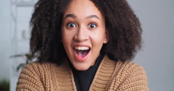 Retrato de sorprendida joven joven de piel oscura afroamericana chica femenina se para en el interior contento de escuchar buenas noticias, expresa su conmoción, mantiene las manos cerca de la cabeza abre la boca y los ojos se siente deleite — Vídeos de Stock