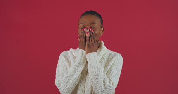 Mujer afroamericana mestiza chica se para posando sobre fondo rojo en estudio viste suéter blanco envía beso de aire hace gesto de coqueteo sonriente expresa simpatía afecto, retrato étnico femenino — Vídeo de stock