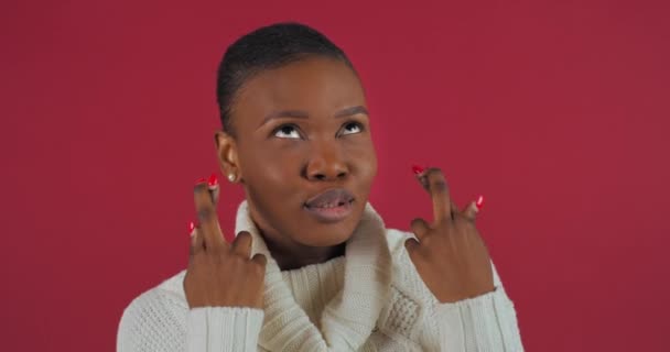 白いセーターを着たかなりアフリカ系アメリカ人の若い興奮した女性の肖像画は彼女の指を渡り、望ましい願いを作り、孤立した赤いスタジオの背景に立って良いニュースを待っています。計画の概念 — ストック動画