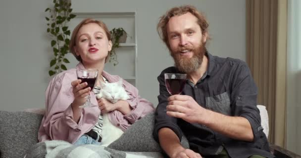 Famille caucasienne deux personnes assises sur le canapé avec moelleux chat blanc animal boire à partir de verres vin rouge alcool parler félicitations pour les vacances souhait bonheur en ligne, concept de célébration — Video