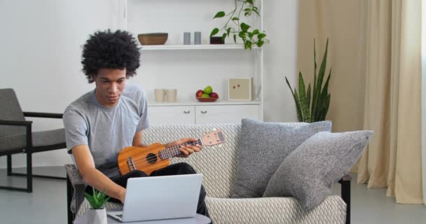 Jovem afro-americano cara étnico assistindo tutorial on-line usando laptop e tocando ukulele guitarra sentado no sofá moderno em casa aprendendo com a Internet para usar instrumento musical ensina melodia música — Vídeo de Stock