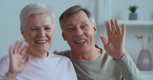 Anziani caucasico coppia seduta sul divano registra video messaggio parlando agitando le mani, felicissimo grigio dai capelli nonni guarda fotocamera chat fare ciao gesto e soffiare bacio utilizzando webcam — Video Stock
