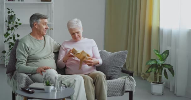 Anciano marido cariñoso hombre le da a su amada esposa adorable a la vieja caja de regalo de mujer de pelo gris con cinta de oro para cumpleaños o aniversario de vacaciones sorpresas señora madura en la sala de estar en la casa de la mañana — Vídeo de stock