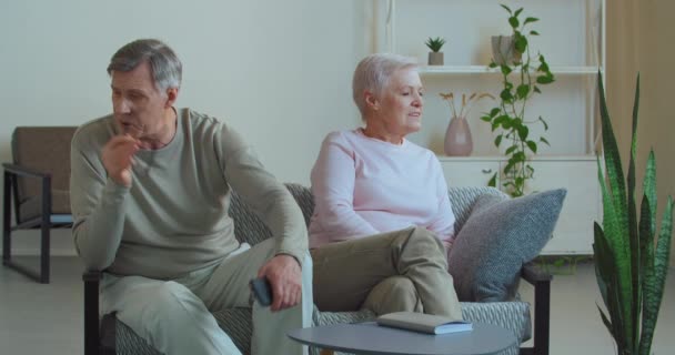 Ouderen paar Kaukasische oude vrouw en man in glazen ruzie thuis zitten op de bank bespreken problemen voelen wrok en misverstand volwassen man schreeuwt actief gesticulates vrouw negeert — Stockvideo