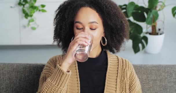 Retrato de sorrir afro-americana mulher étnica adolescente senta-se em casa interior em sofá confortável se levanta cedo de manhã detém vidro transparente em suas bebidas de mão ainda filtrado água limpa — Vídeo de Stock