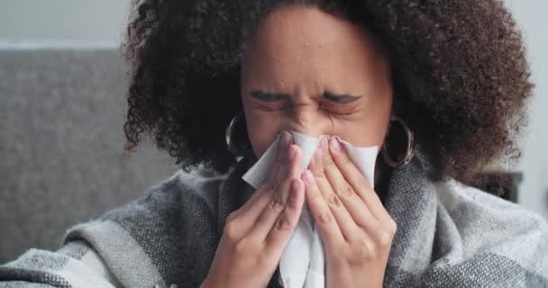アレルギー性呼吸器ウイルスの鼻水症状に苦しむアフリカ系アメリカ人女性の肖像白い紙のナプキンで彼女の鼻を拭く体調不良による病気の問題について不平を言う — ストック動画