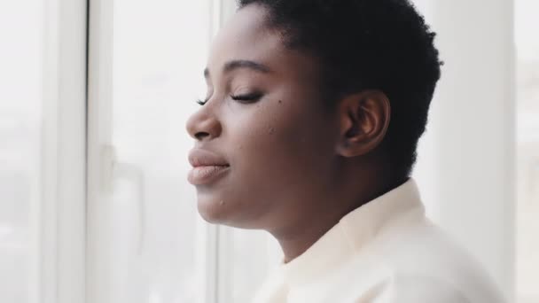 Retrato feminino, menina feliz afro-americana em pé pela janela olhando para a câmera sorrindo com dentes brancos de dentes largos. afro étnico preto bela milenar mulher posando perto de vidro transparente — Vídeo de Stock