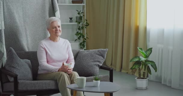 有爱心的老人老爷爷盖着年迈的老祖母可爱的妻子坐在沙发上，用温暖的毛毯，用柔情拥抱着年老的妻子，享受着悠闲的退休生活 — 图库视频影像