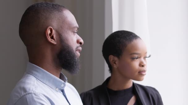 Two business partners colleagues adult African man and young woman standing in office looking out window planning work strategy. Ethnic mixed race black couple contemplates thinking about future ideas — Stock Video