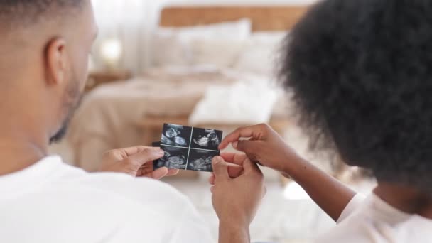 Πίσω όψη αφρικανικό ζευγάρι νιόπαντροι αρχάριοι γονείς afro σγουρά γυναίκα έγκυος γυναίκα και ο μαύρος άνδρας άντρας κάθεται στον καναπέ βλέποντας εικόνες υπερήχων ταινία φωτογραφία του παιδιού ικανοποιημένοι με την ιατρική υπηρεσία — Αρχείο Βίντεο