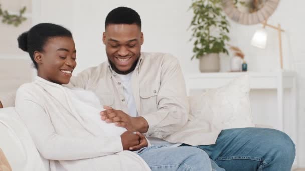 幸せなアフリカ系アメリカ人家族結婚アフロエスニックカップル思いやりのある黒夫ストローク妊娠中の腹の最愛の妻予想外の赤ちゃんの話ソファに座ってホーム,妊娠と母性的概念 — ストック動画