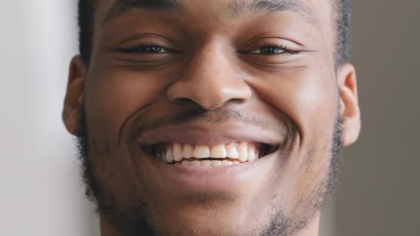 Lächelnd schöne Millennial afrikanisch-amerikanische professionelle Manager Mitarbeiter im Büro stehen und in die Kamera schauen, glücklich zuversichtlich gemischte Rasse Geschäftsmann Unternehmenschef Chef oder Praktikant Porträt — Stockvideo