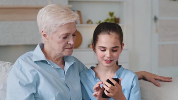 Söt skolflicka och äldre mormor sitter på soffan hemma. Smart flicka håller smartphone lära vuxen dam med hjälp av online telekommunikation ansökan. Begreppet far- och farföräldrar och barnbarn — Stockvideo