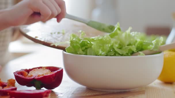 Detailaufnahme, abgeschnittene schießende weibliche Hände unkenntlich Teenie-Mädchen in Schürze kocht Salat legt grüne Salatblätter von Holzplanke in Schüssel Paprika und Tomaten mischen Zutaten in Gericht in der Küche — Stockvideo