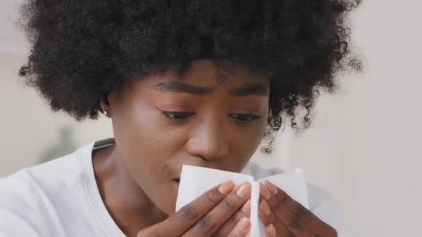 Mujer alérgica enferma joven afroamericana que corre por la nariz tiene gripe estornudando en tejido enfermo. Chica negra milenaria con síntomas estacionales de alergia tosiendo sosteniendo pañuelo. Coronavirus en casa — Vídeos de Stock