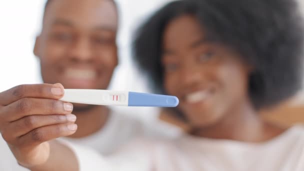 Flou afro américain couple ethnique noir jeune famille frisée femme et homme souriant montrant positif résultat du test de grossesse à la caméra réjouir fille enceinte future maman partage de bonnes nouvelles sur bébé à naître — Video