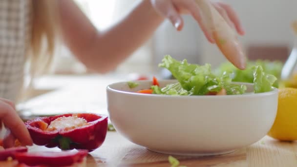 Gros plan mains féminines en remuant avec une cuillère en bois ingrédients légumes dans une délicieuse salade fraîche, méconnaissable famille mère et fille végétariens préparer plat de repas avec des feuilles vertes de poivron rouge — Video